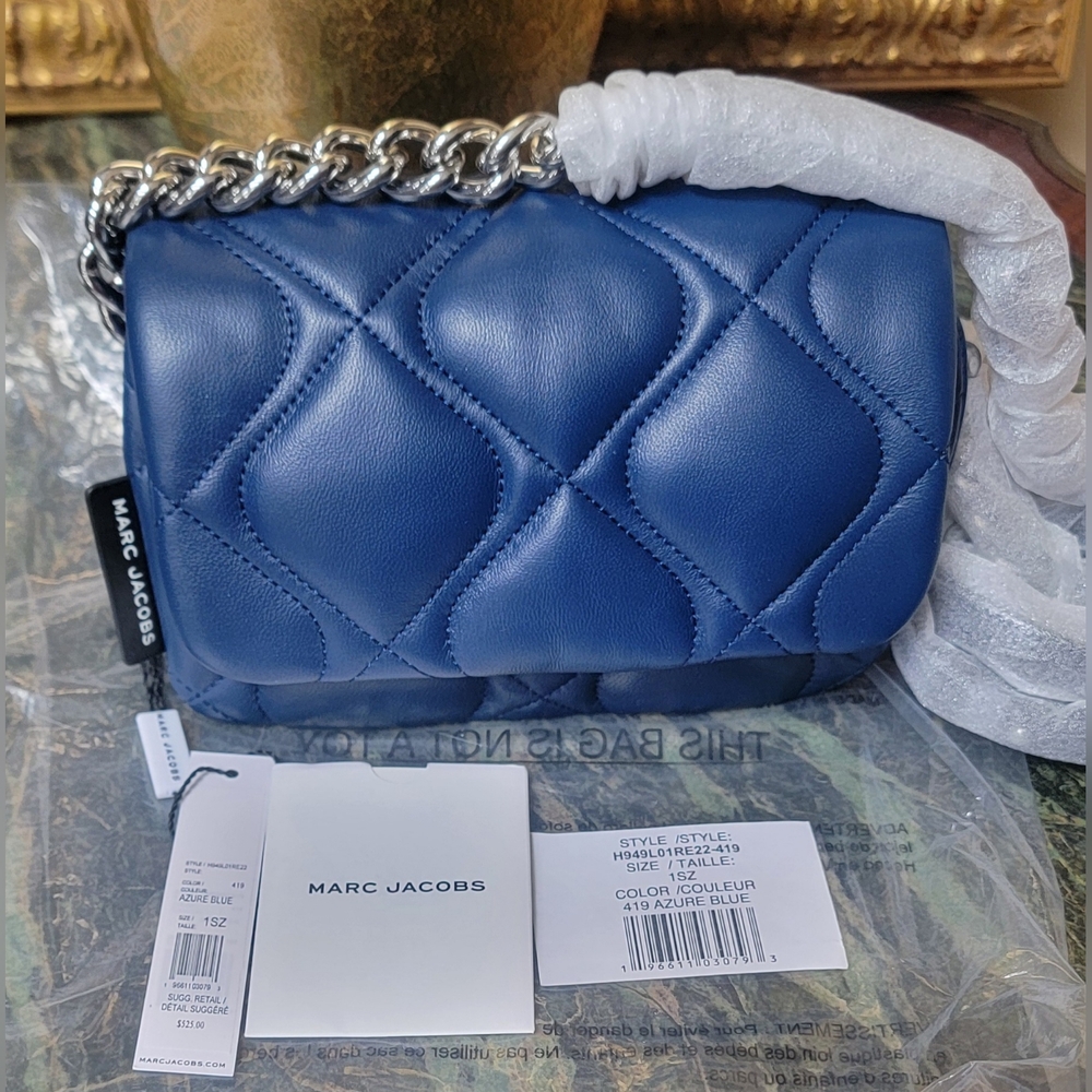 NWT Marc Jacobs Azure Blue Leather Quilted Pillow Crossbody Chain Handbag $525